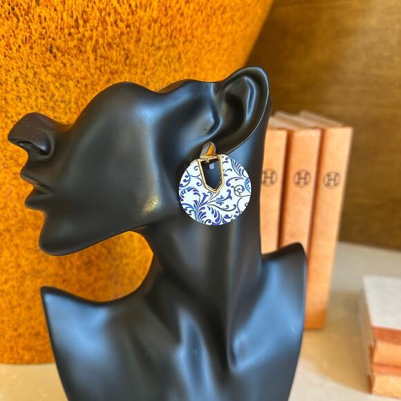 Chic Blue and Gold Swirl Earrings- Greek style, vacation bohemian, Turkish style - Picture 2 of 5